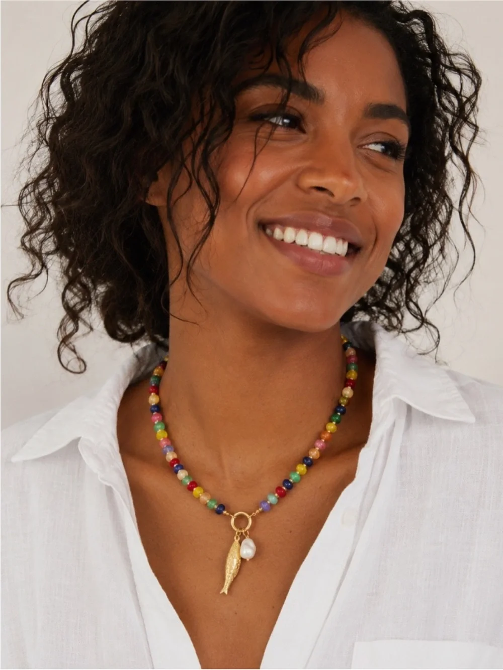 Multicolor Beaded Necklace with Gold Fish and Pearl Charm